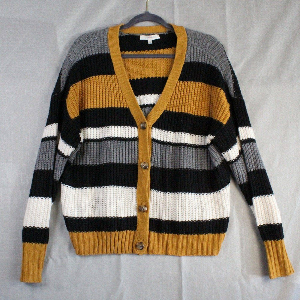 Ultra Flirt Striped Cardigan Sweater 1X Mustard Black White Chunky Knit Boho Y2K